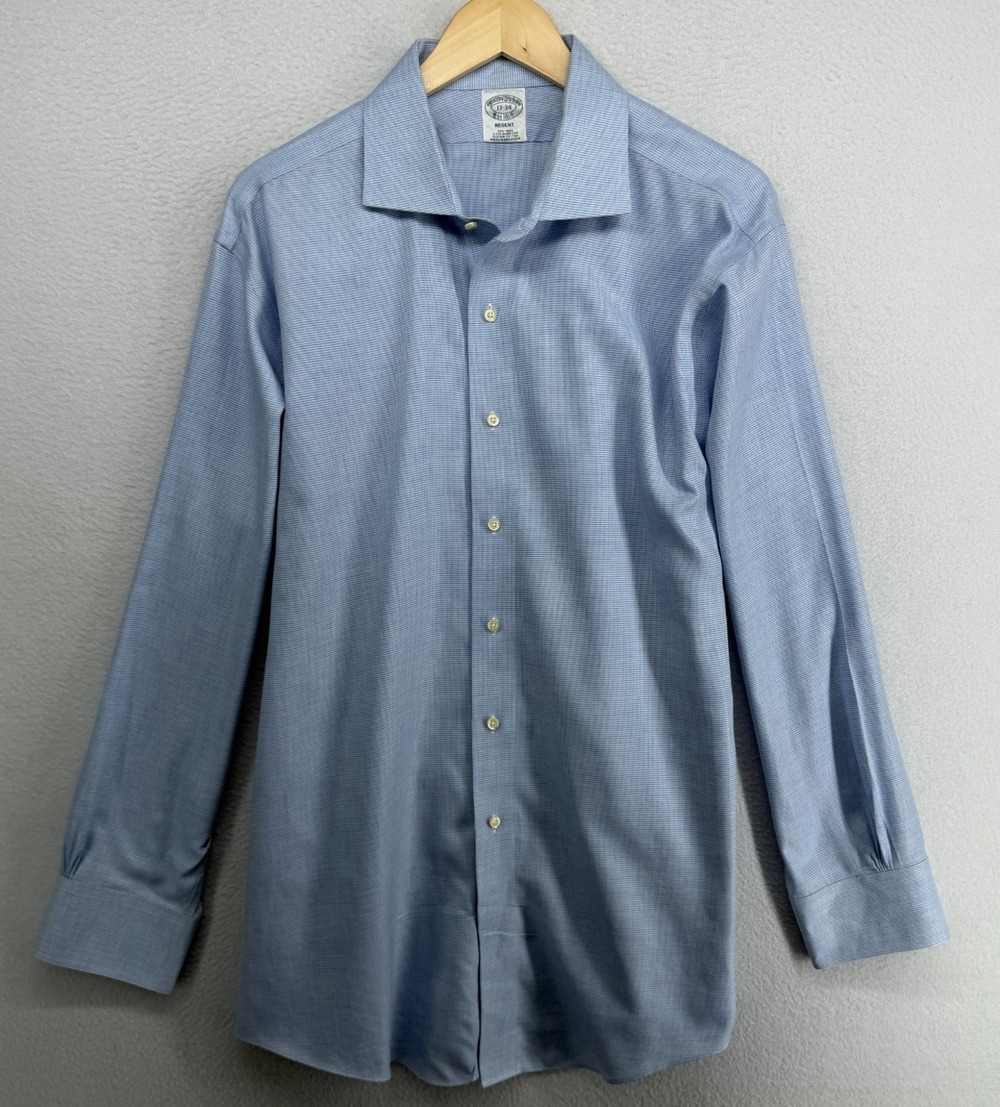 BROOKS BROTHERS Shirt Mens 17 34 REGENT Dress Supima Houndstooth Button Up Blue